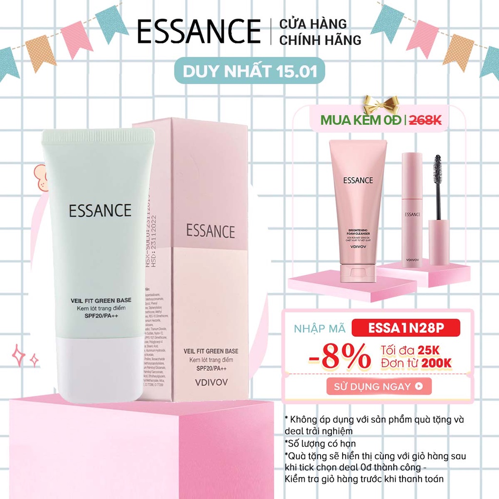 [Mã COSLG5 giảm 10%]Kem lót hiệu chỉnh sắc da kiểm soát dầu Essance Veil Fit Green Base SPF20 PA++ 30ml