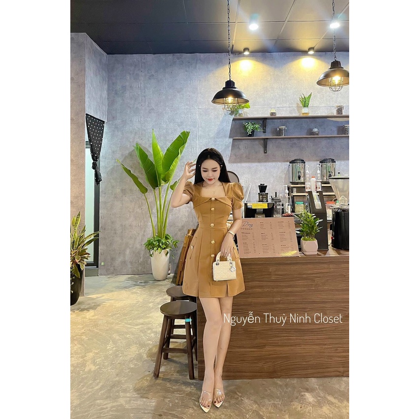 [9.9 Sales Freeship] Đầm tiểu thư chữ A, đầm cổ vuông tay phồng đính nút dáng ngắn xòe xẻ lai đi tiệc sang trọng dx