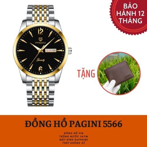 Đồng Hồ Nam PAGINI PA5566 Dây Thép Không Gỉ Kim Dạ Quang Mặt Đen Nam Tính - FullBox BH Hãng 12 Tháng