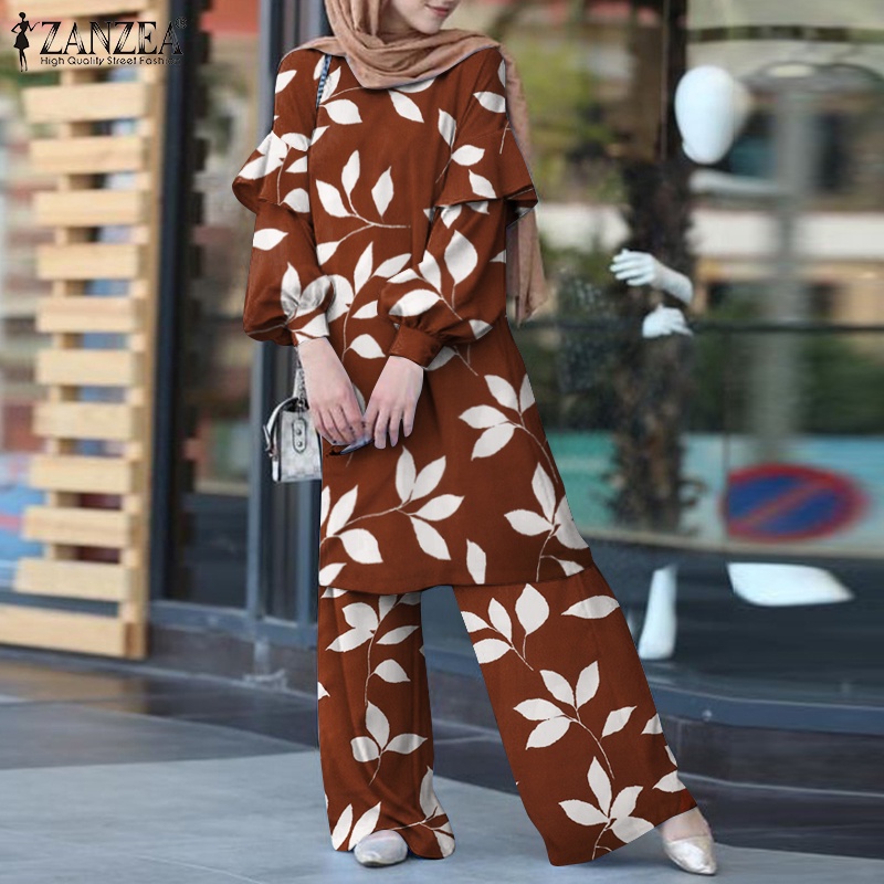 Zanzea Bộ Đồ Hồi Giáo Dáng Thẳng / Xếp Nếp Tay Phồng In Họa Tiết Lá Cây Có Nút