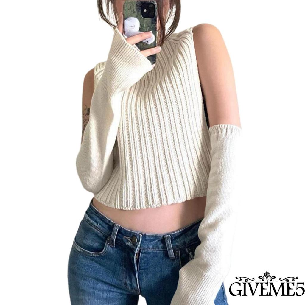 Áo len dệt kim cổ cao màu trơn và đôi tay áo cùng màu cá tính độc đáo cho nữ