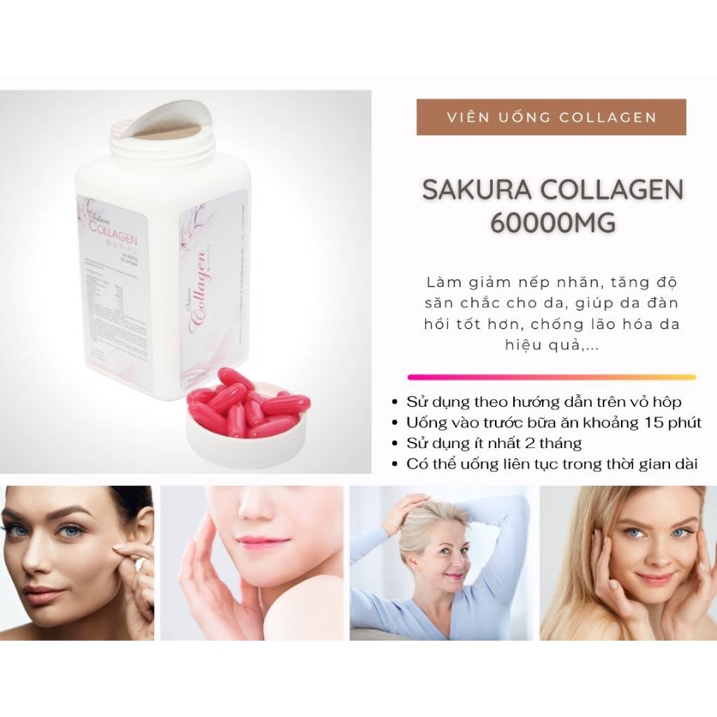 Viên Uống Collagen Sakura Của Nhật 60.000mg Làm Đẹp Da, Chống Lão Hoá Hộp 120 viên - Tặng mặt nạ nhau thai cừu Nhật Bản