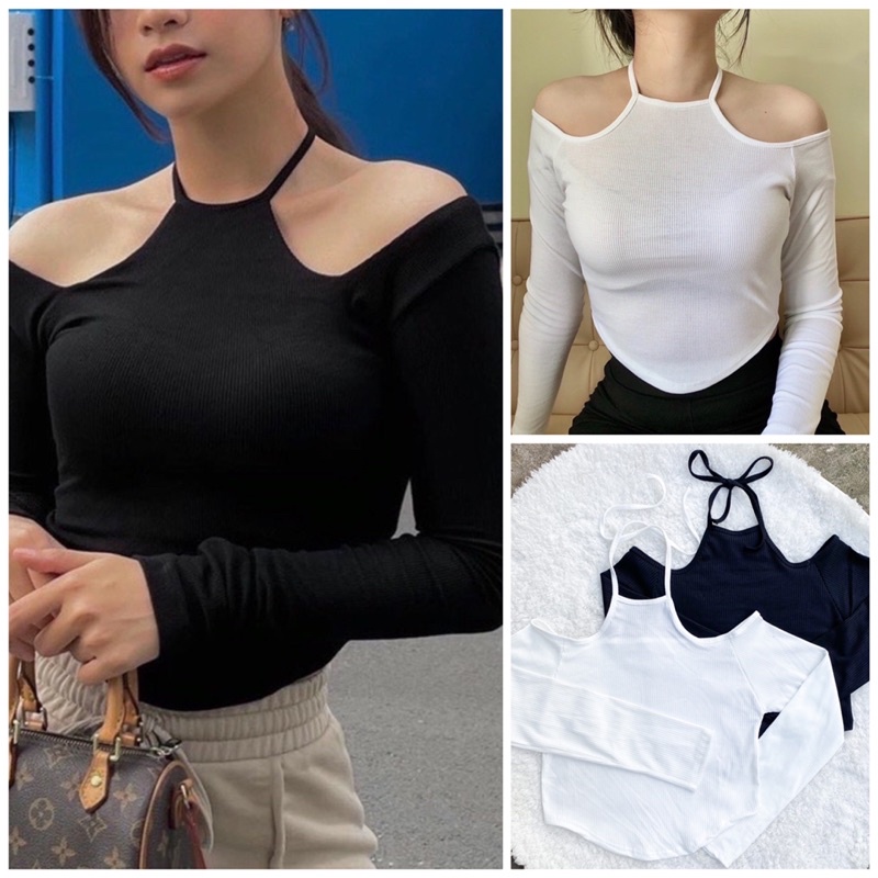 Áo thun nữ croptop tay dài hở vai cá tính chất thun gân mềm mịn , co giãn thoải mái -A24