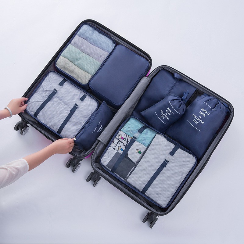 [On Sale]8Pcs Travel Storage Bag Set For Clothes Luggage Packing Square Organizer Suitcase-Navy