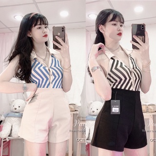 Set áo sọc cổ bẻ hở lưng phối quần short ảnh chính chủ