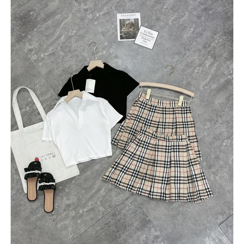 [Rẻ Vô Địch] Sét áo crt thun gân cổ bẻ mix chân váy kẻ bbr xếp ly  Chất thun gân mềm đep giãn 4c cv kẻ thô mềm