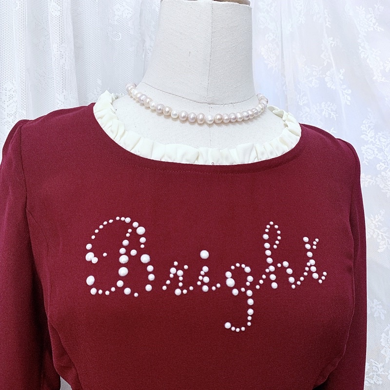 Đầm voan Nhật The Emporium đính chữ trắng viền bèo cổ