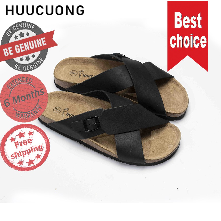 Dép quai chéo khóa da bò nâu / đen Bảo hành 6 tháng -Hàng chính hãng Hữu Cường, giầy dép sandal da thật chịu nước