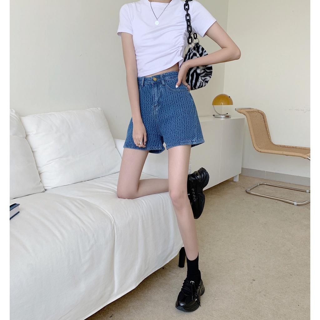 SUXI Quần short denim lưng cao dáng rộng phong cách hàn quốc dành cho nữ