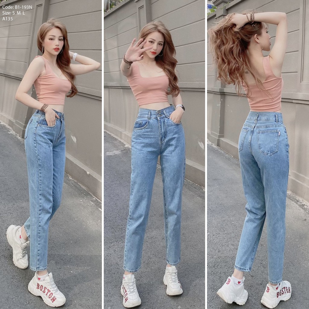 Quần Baggy Jean Nữ Than Lưng Cao 2 Nút