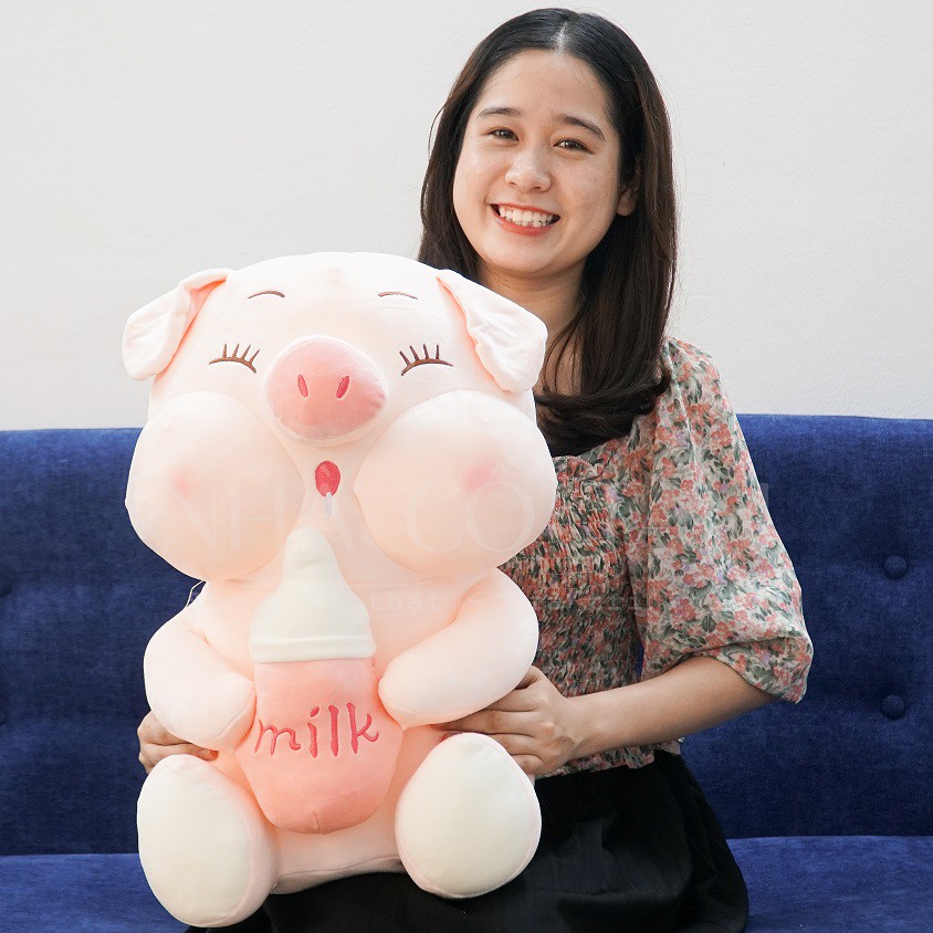 Thú Nhồi Bông Heo Cầm Bình Sữa Má Tròn Béo Bự Độc Lạ Siêu Dễ Thương