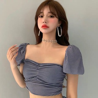 Áo Croptop Tay Ngắn Cổ Vuông Sọc Caro