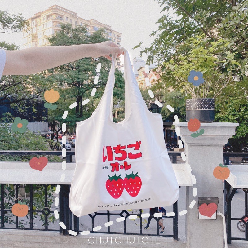 T125/Túi Tote Túi Vải Canvas Phong Cách Nhật Bản Thời Trang Ulzzang Hình Dâu