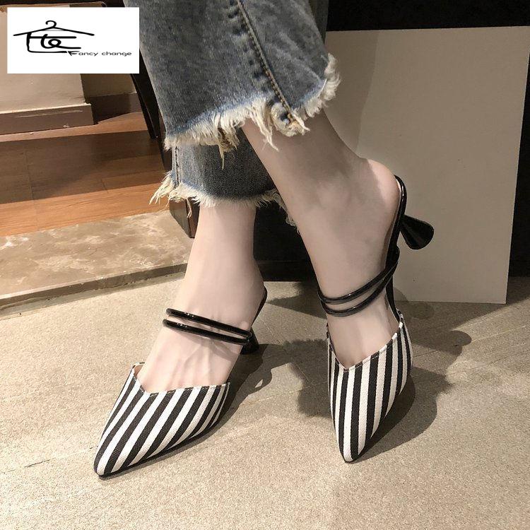 Giày Cao Gót Mũi Nhọn Họa Tiết Kẻ Sọc Thời Trang Mùa Xuân Cho Nữ