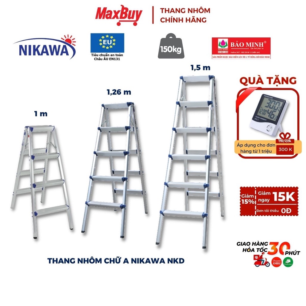 Thang nhôm chữ A gấp gọn NIKAWA NKD 3, 4, 5, 6 bậc chiều cao 1-1,5 m, nhập khẩu Nhật Bản, bảo hành 18 tháng