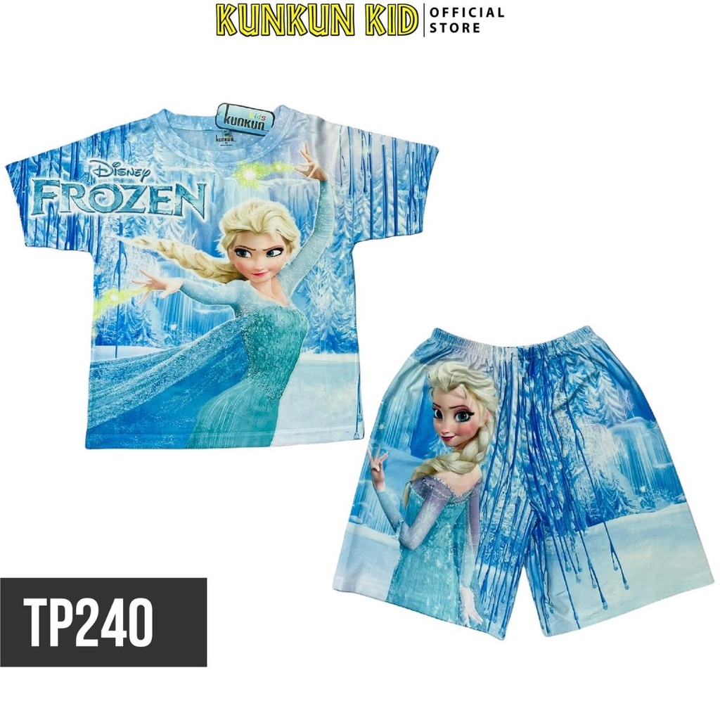 Quần áo bé gái thun lạnh in 3d tay ngắn hoạt hình nữ hoàng băng giá elsa Kunkun Kid TP240