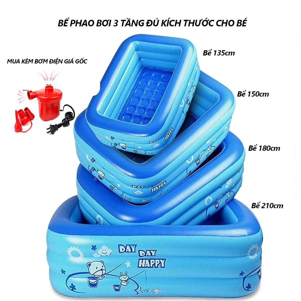 Bể Bơi 3 Tầng Hình Chữ Nhật Cho Bé Chơi Tại Nhà Vào Mùa Hè Đủ Kích Cỡ Có Đáy Chống Trượt Cho Trẻ Em