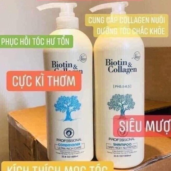 Dầu Gội Xả Biotin Collagen Trắng Giảm Rụng Phục Hồi Hư Tổn Tóc 2 Loại 500ml Và 1000ml