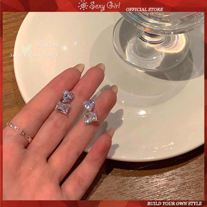 Bông Tai Mạ Bạc 925 Hình Trái Tim Đính Kim Cương Phong Cách Mới