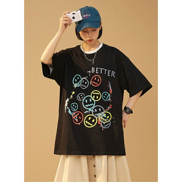 Áo thun tay lỡ nam nữ, áo phông unisex form rộng chất cotton mát mịn thấm hút mồ hôi in hình mặt cười