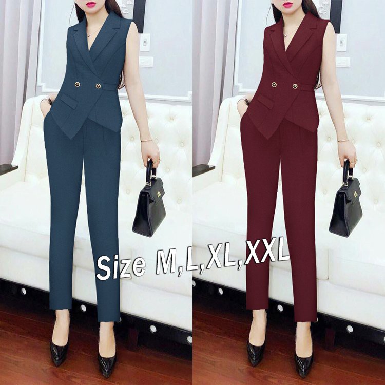 Set nguyên bộ quần tây áo cổ vest túi giả thiết kế cao cấp
