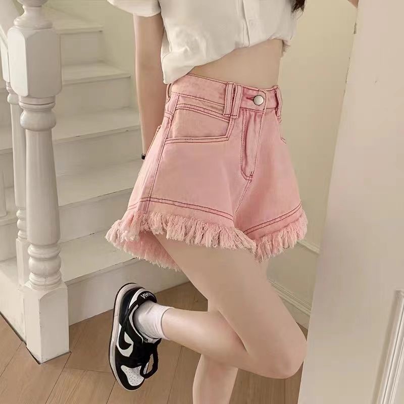 Quần short denim JSC lưng cao viền tua rua phong cách đường phố cho nữ