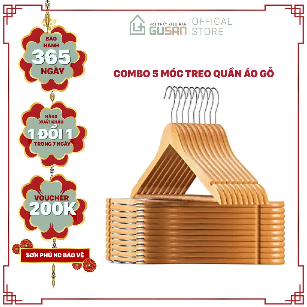 (COMBO 20) Móc Quần Áo Gỗ Thông Minh, Giá Móc Treo Áo Gỗ Sơn Phủ NC Cao Cấp, Đầu Móc Inox Không Rỉ 360 Độ GUSAN