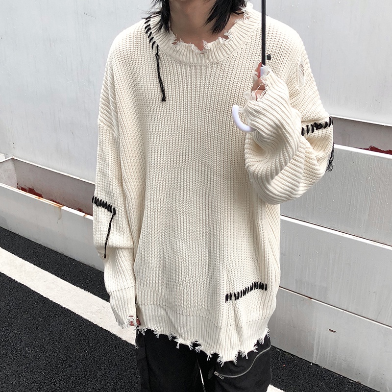 Áo sweater dệt kim dáng rộng phối rách kiểu retro đường phố cá tính cho các cặp đôi