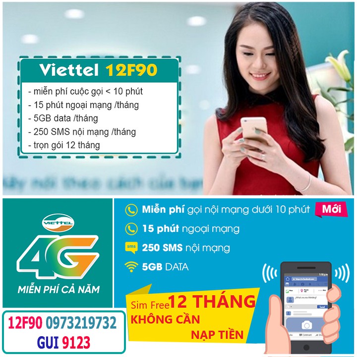 [SALE LÔ CUỐI] SIM 4G VIETTEL 12F90 TRỌN GÓI 1 NĂM GỌI 1 TỶ PHÚT VÀ TẶNG 5GB/THÁNG (SIM ĐÃ CHỌN LỌC)