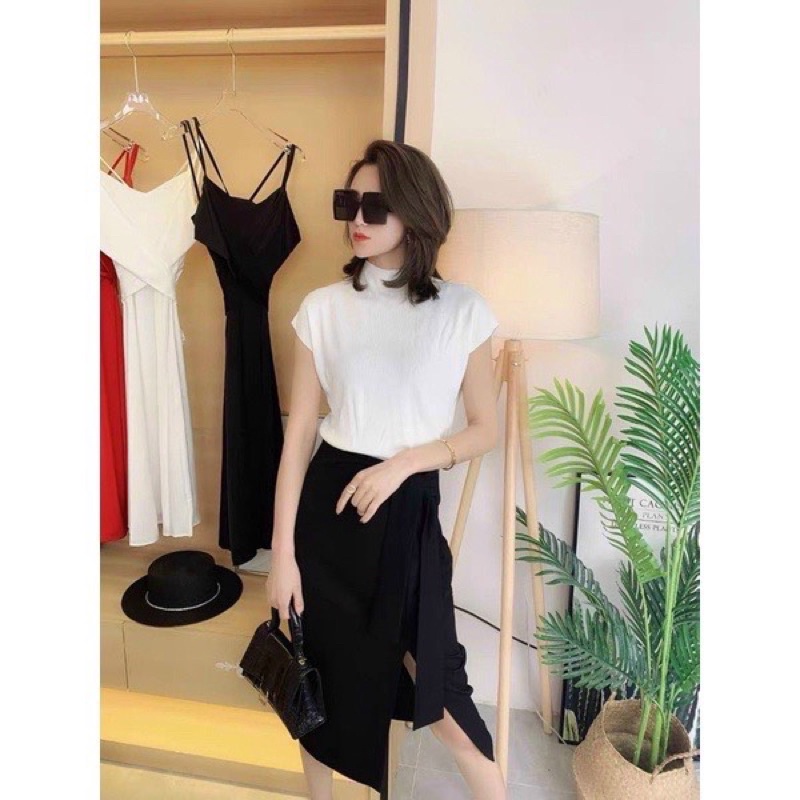 Áo len dáng rộng mềm mịn cộc tay, Áo len cổ cao 3p vai hến ngắn tay HT456 - ThaoVanShop