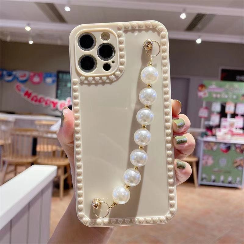 Ốp điện thoại TPU viền trái tim & dây đeo tay ngọc trai chống sốc cho IPHONE 13 12 11