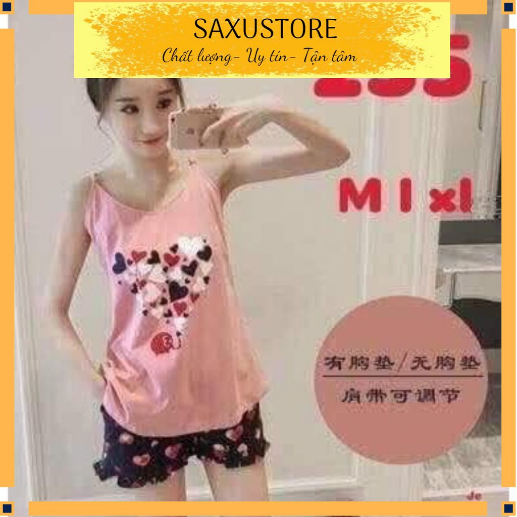 Bộ Mặc Nhà / Bộ Đồ Ngủ Hồng, 2 Dây, Cotton hình trái Tim đáng yêu