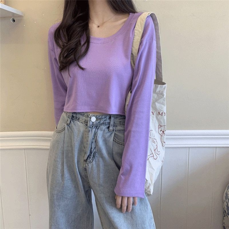 Áo Thun Crop Top Tay Dài Màu Trơn Đơn Giản Phong Cách Hàn Quốc Thời Trang Cho Nữ