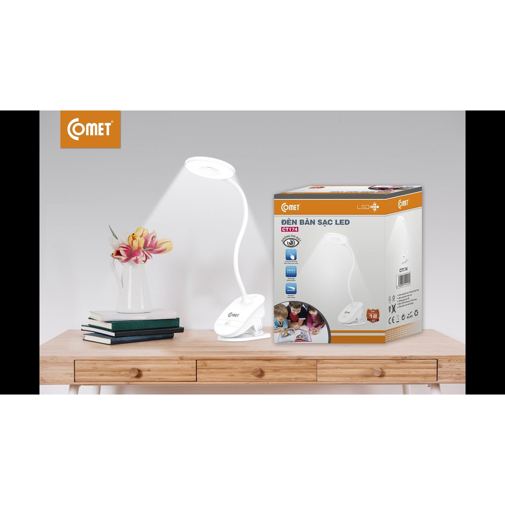 Đèn học kẹp bàn đọc sách Sạc pin tích điện chống cận COMET, thân đèn uốn dẻo, 3 cấp ánh sáng, 3-5h hoạt động