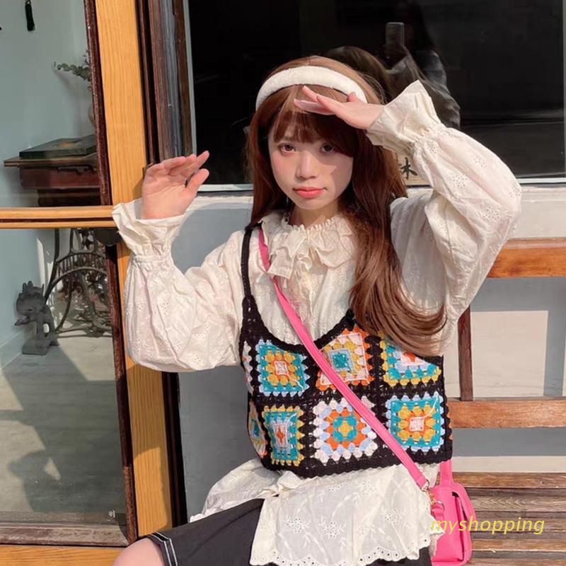 Áo Croptop Hai Dây Dệt Kim Khoét Rỗng Màu Cầu Vồng Cho Nữ