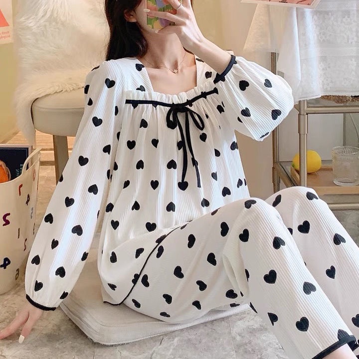 Bộ đồ ngủ tay dài cổ vuông chất liệu cotton thời trang xuân thu mới 2021 | BigBuy360 - bigbuy360.vn