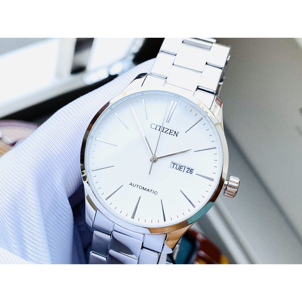 Đồng hồ Nam chính hãng Citizen Automatic NH8350-83A Size 40,Mặt trắng,Lịch-Máy cơ tự động-Dây kim loại thép cao cấp