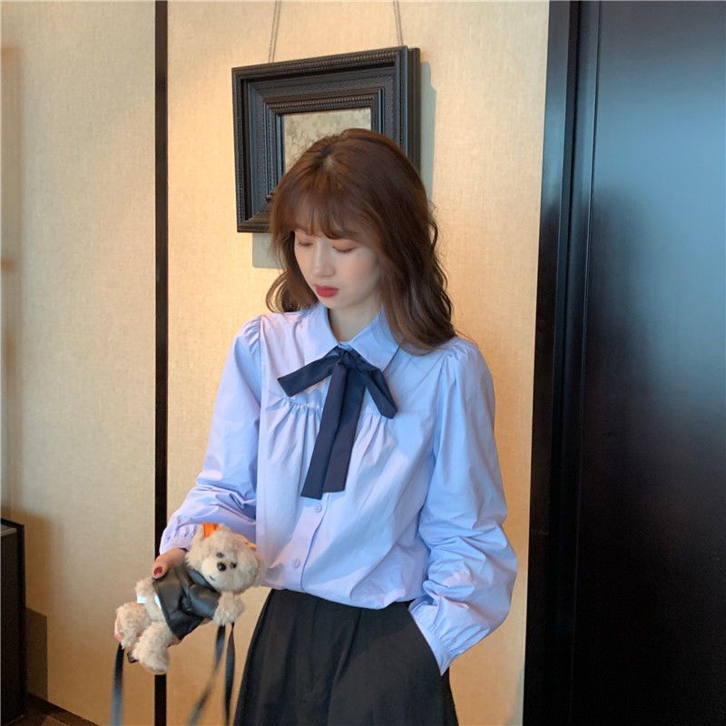 Áo Sơ Mi Tay Dài Phồng Dáng Rộng Thắt Nơ Phong Cách Preppy Ngọt Ngào Siêu Nữ Tính