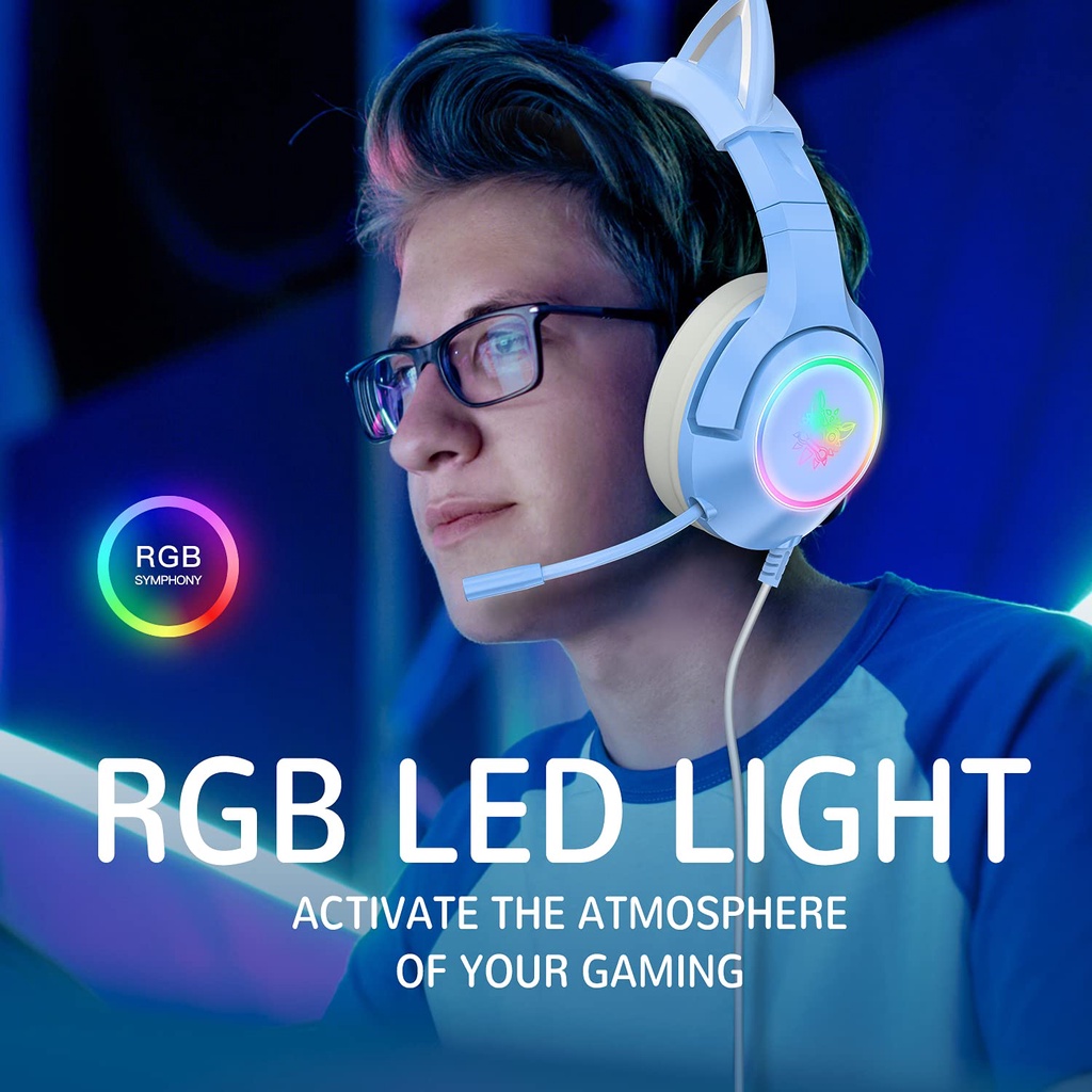 Tai nghe chơi game Màu xanh ONIKUMA K9 có mic, với tai mèo có thể tháo rời, có RGB, Headphone Gaming, Cho PC Laptop