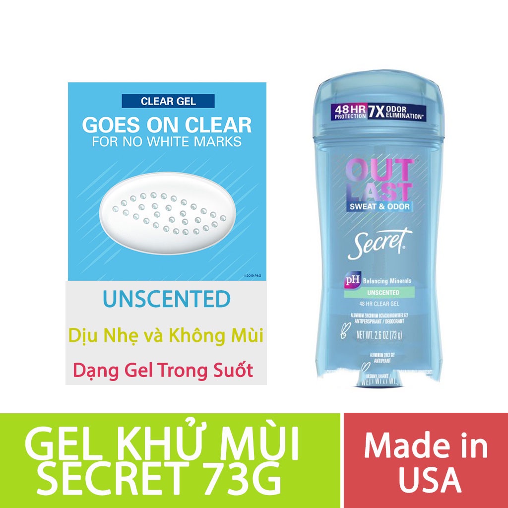 Lăn khử mùi nữ Secret Clear gel 73g Lavender, Outlast Completely Clean, Unscented,Protecting powder