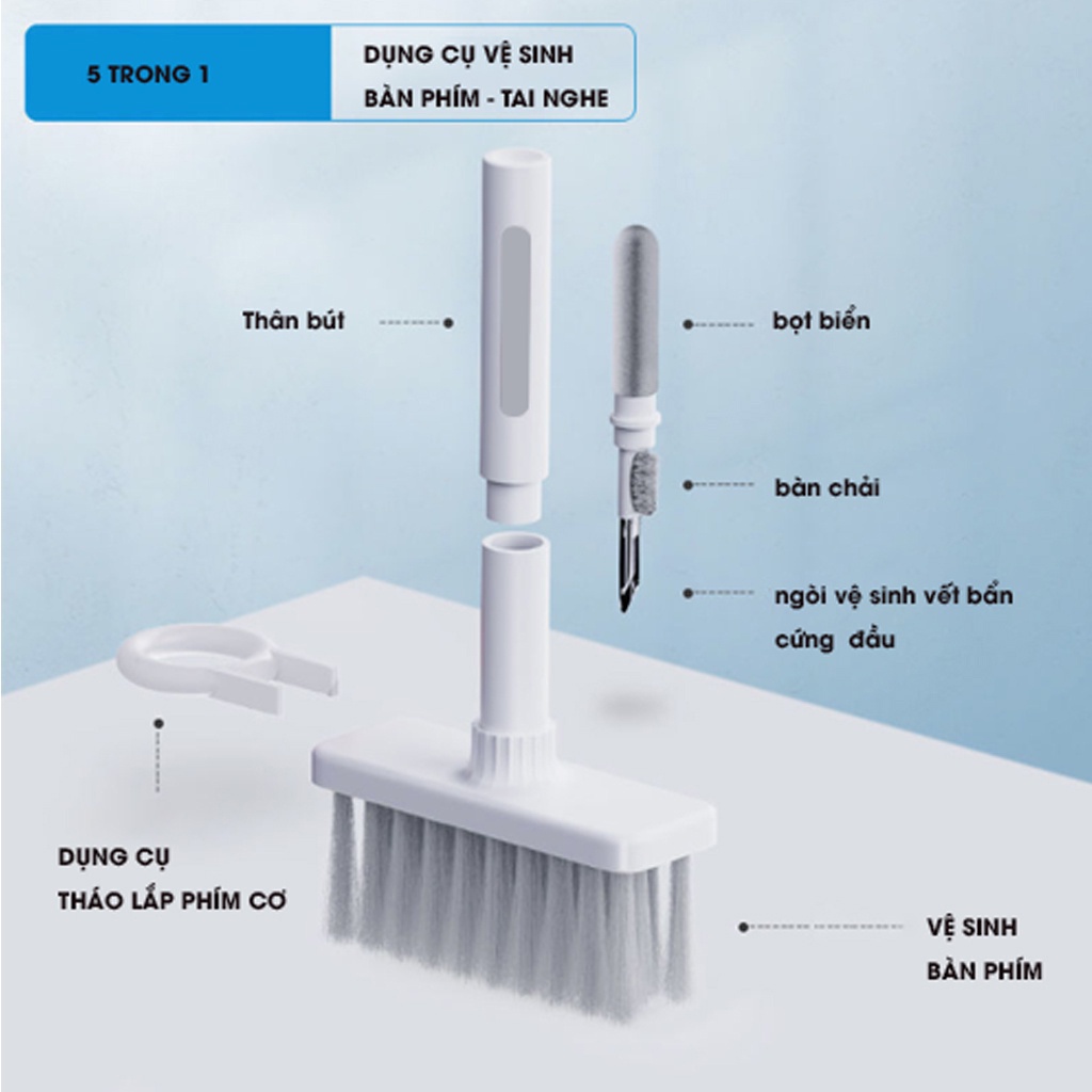 Bộ dụng cụ vệ sinh bàn phím, điện thoại, tai nghe đa năng gọn nhẹ cầm tay 5 in 1 làm sạch được hầu hết các vị trí