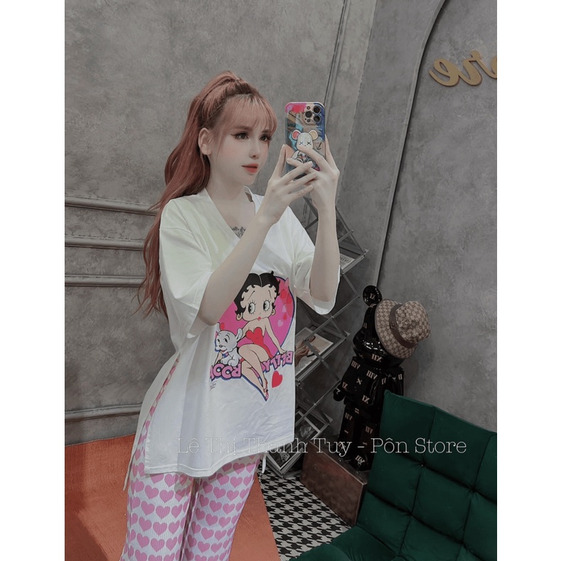 (Free Ship) SÉT BỘ NỮ ÁO THUN CÔNG CHÚA HỒNG PHỐI QUẦN TRÁI TIM ỐNG LOE SIU SANG CHẢNH MM7 HHp Fashion