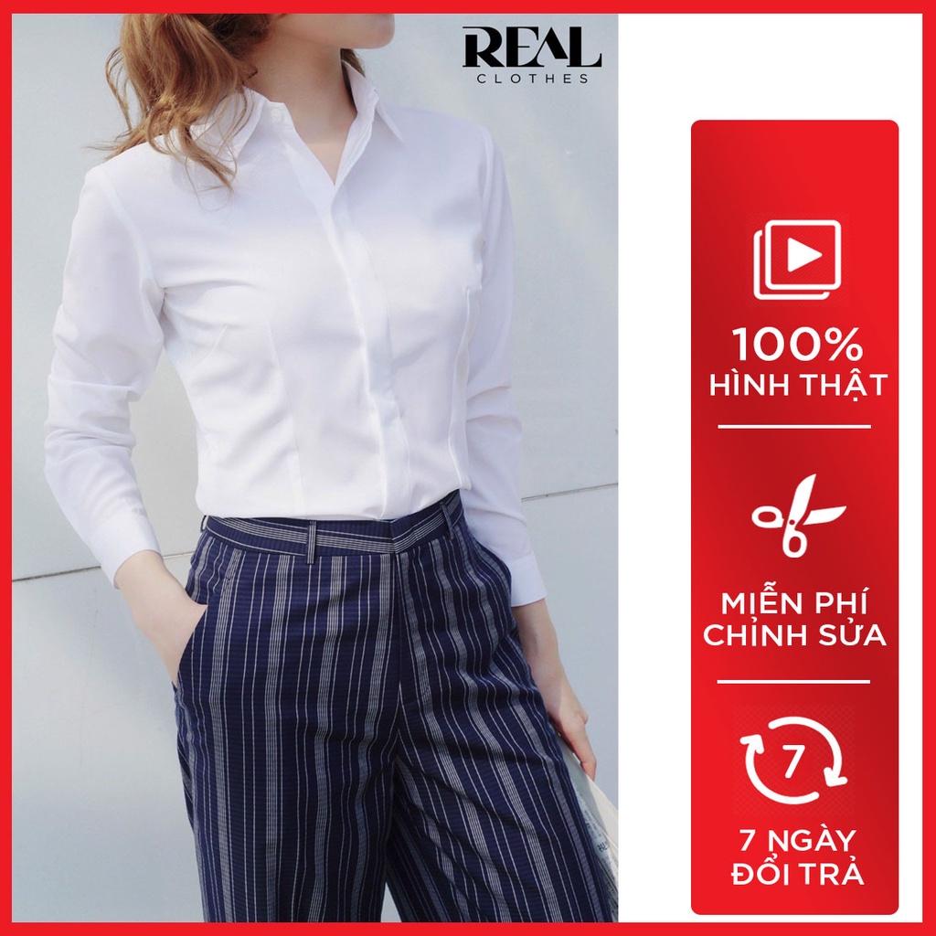 Sơ mi nữ trắng tay dài công sở, vải NANO công nghệ mới chống nắng, chống khuẩn, chít eo gọn dáng