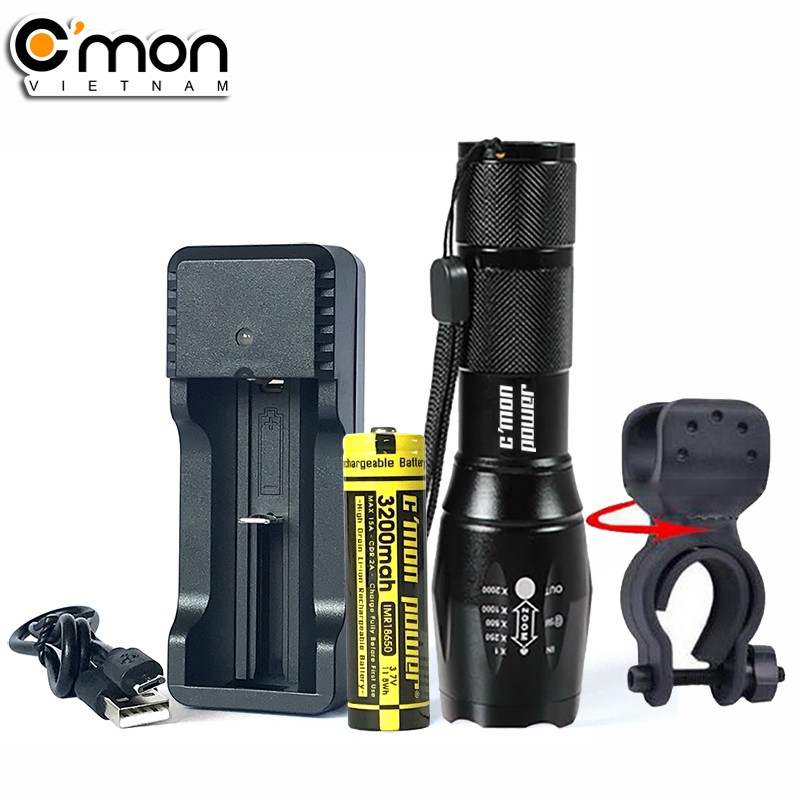 Bộ đèn pin C'mon Power GUARD 10W + pin sạc + sạc nhanh USB 1A + giá đèn pin (VÀNG)