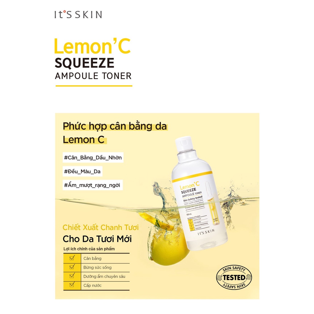 Nước hoa hồng giúp dưỡng ẩm nuôi dưỡng làn da mềm mại It's skin Lemon' C Squeeze Ampoule Toner 500ml