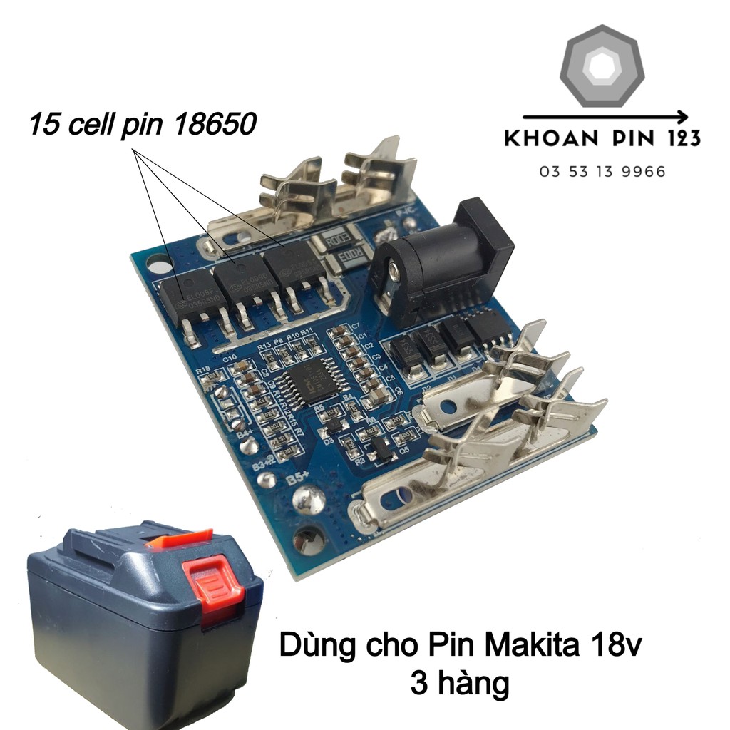 Mạch pin Makita 18V 21V 5S 3P 66A adaptor, loại 3 hàng - 15 cell (màu ngẫu nhiên)