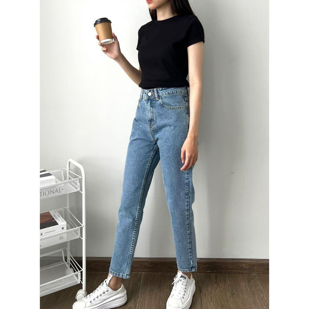 Quần Mom Jeans Nữ Form Dáng Baggy Ôm Vừa Màu Xanh Vải Xược Phá Cách Có Wash