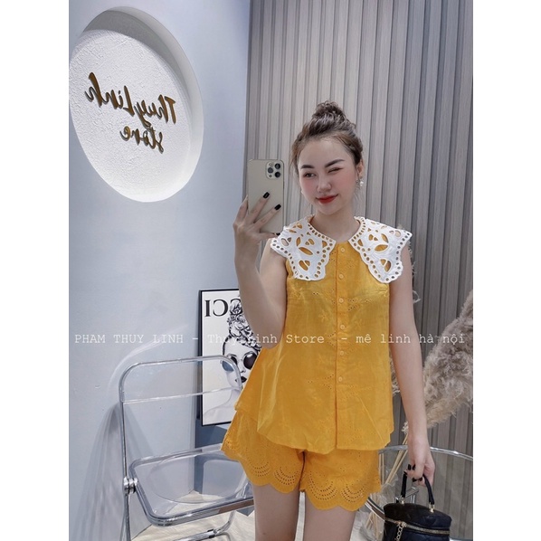 Set bộ áo ba lỗ cổ ren + quần sooc