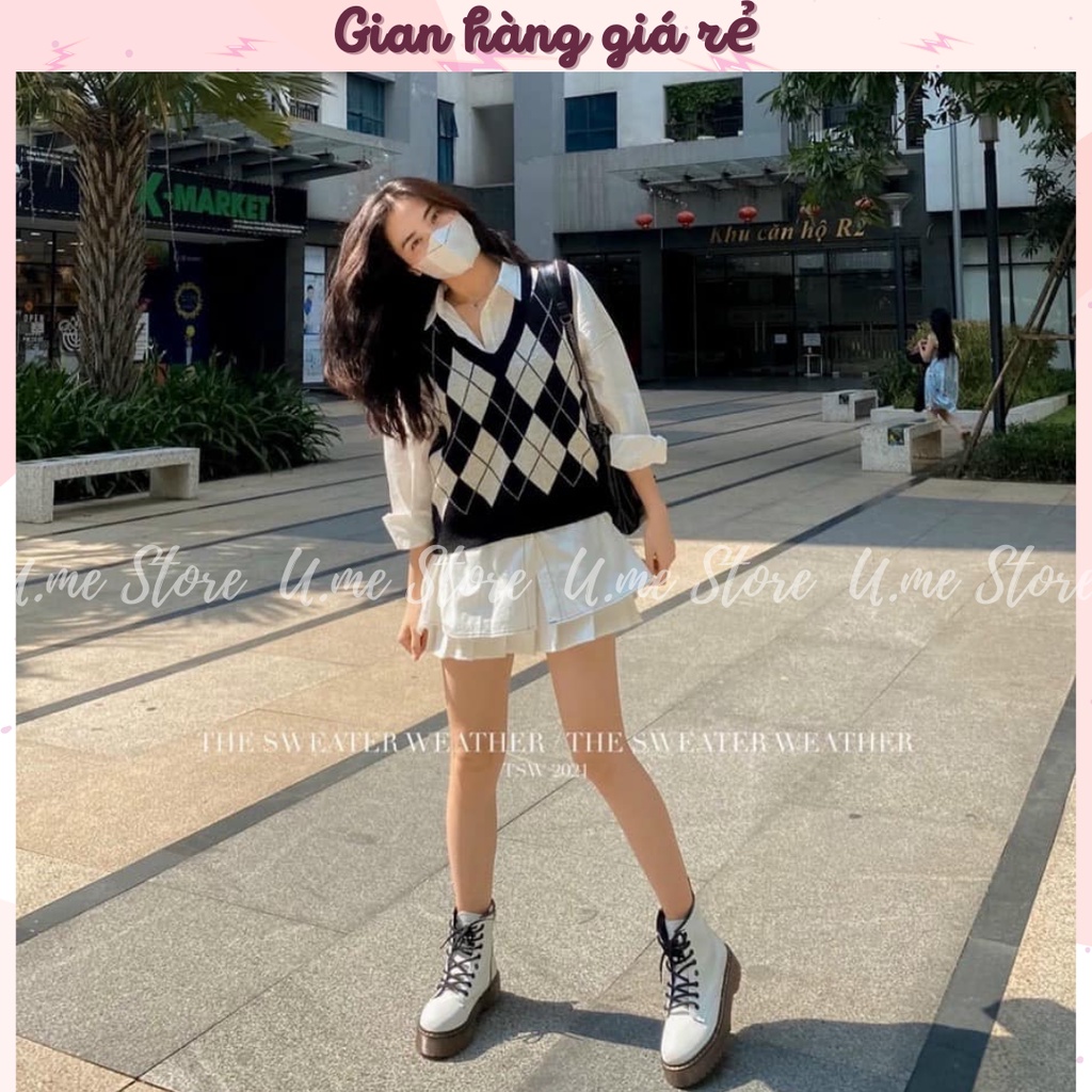 [Video] Áo Gile nữ Len Ulzzang Cổ V Kẻ Ô Quả Trám Phong Cách Hàn Quốc Áo gile len trám dày dặn 2 màu (nâu đỏ, đen) | BigBuy360 - bigbuy360.vn