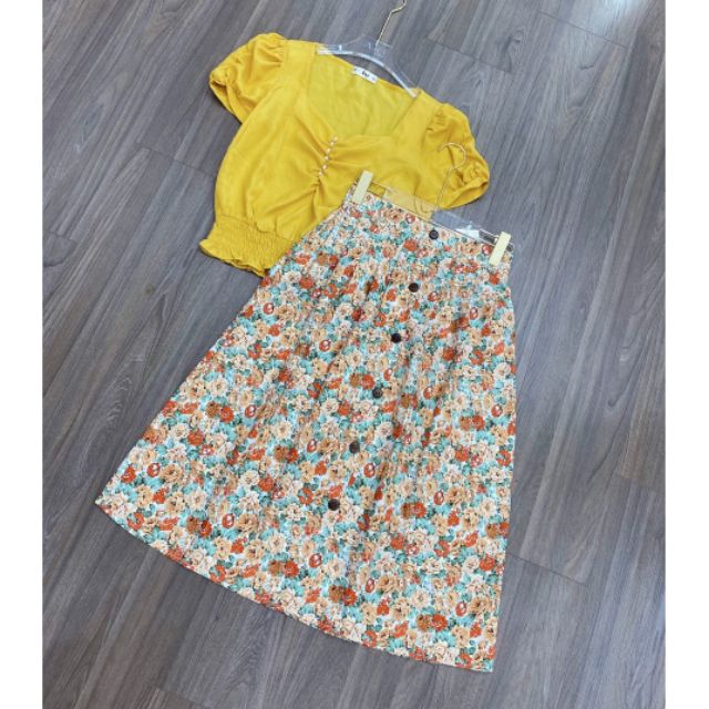 Set áo bo chun và chân váy hoa